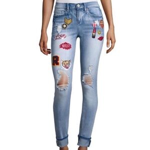 Indigo Reign Skinny Ankle Light Wash Distressed Patches Mid Rise Stretch Jeans